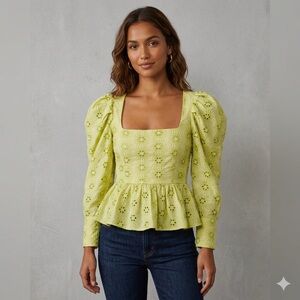Zara Women’s Eyelet Embroidered Puff Sleeve Peplum Top Lime Green XS